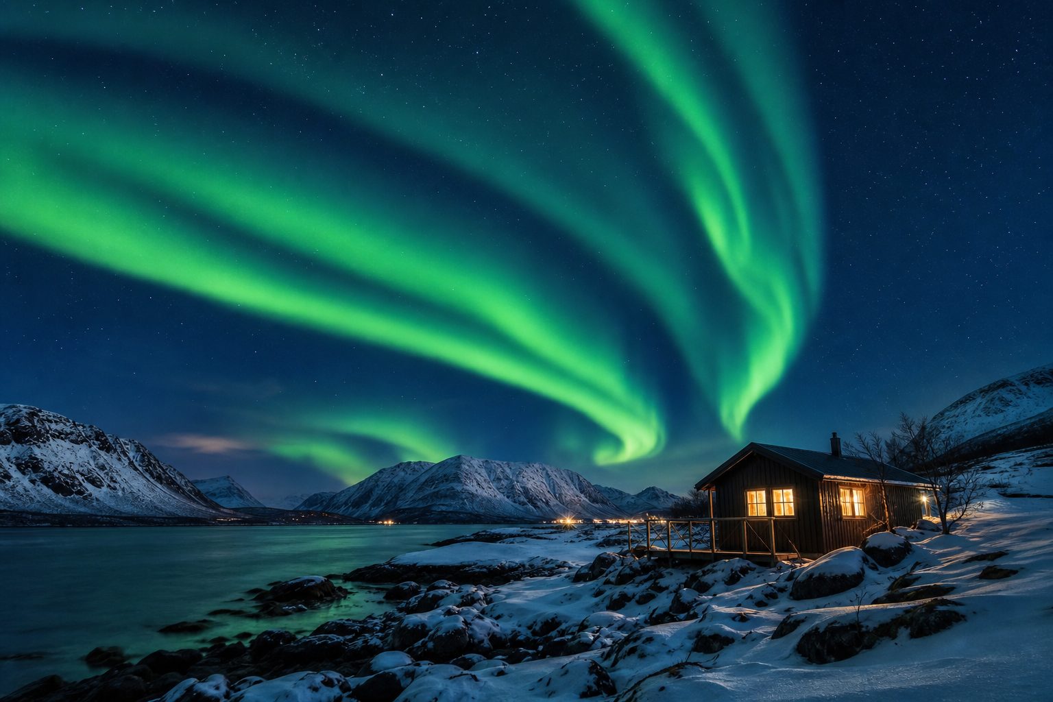 Green aurora borealis swirling over a snowy cabin in northern Norway