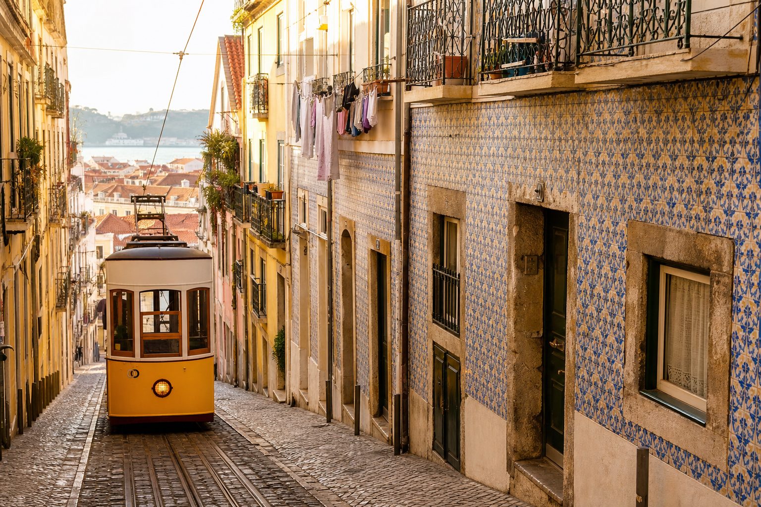 A yellow tram climbing a tiled street in Lisbon